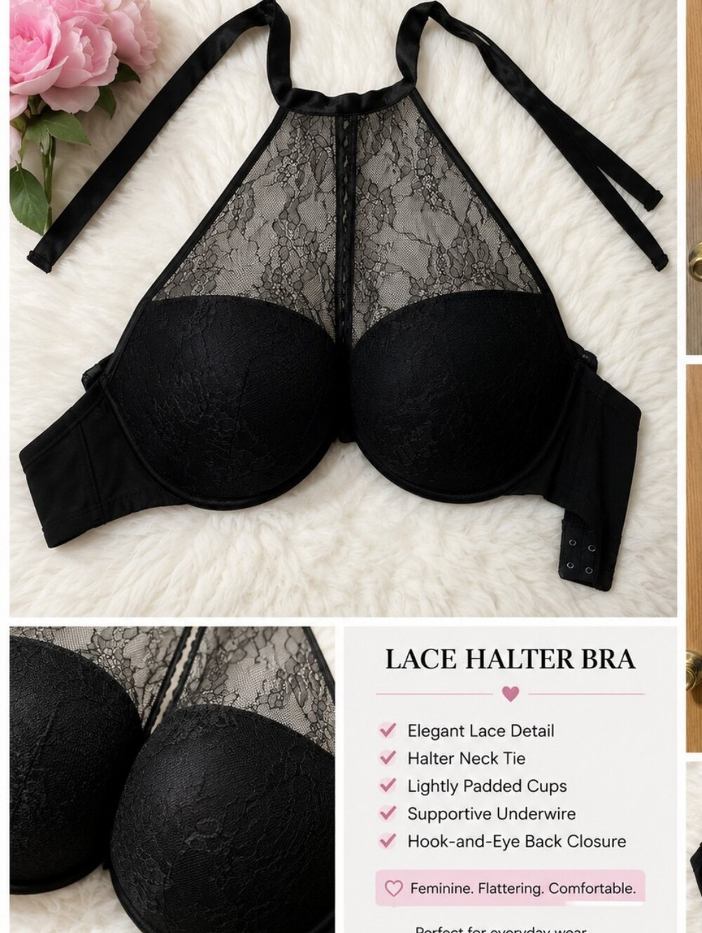 Cacique Black Lace Halter Bra with Tie Neck